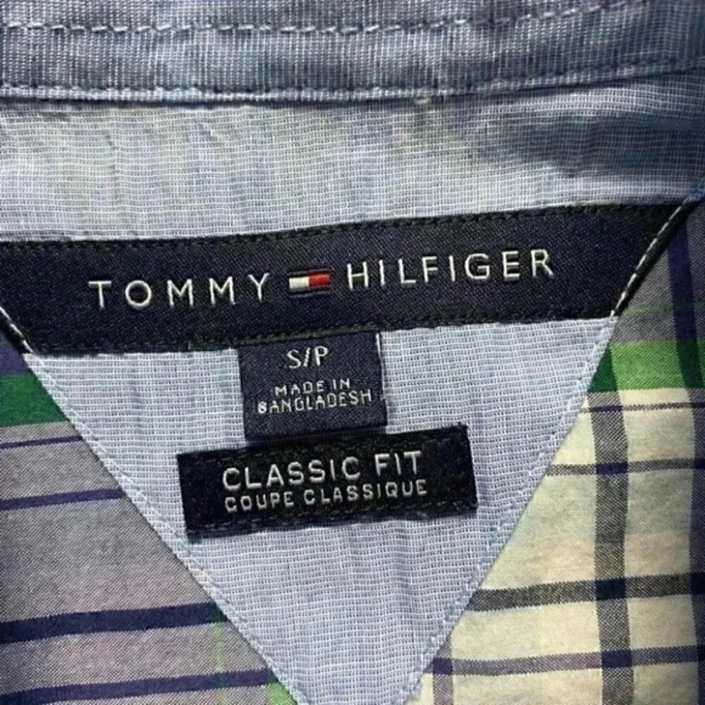 Tommy Hilfiger Mens Short Sleeve Button Down Shirt Cotton Blue Green Plaid Small - Picture 9 of 16